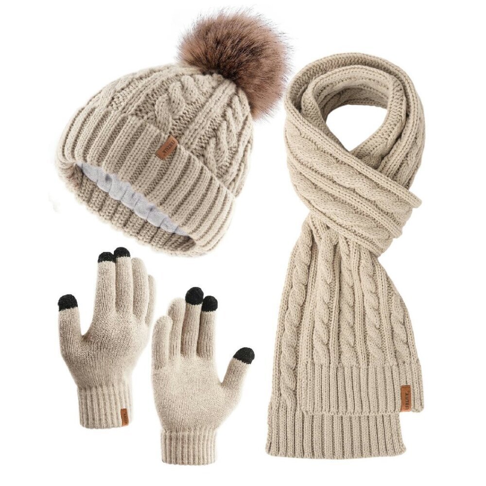 Warm Fleece Knit Pom Beanie Scarf Gloves Set Touchscreen Winter Accessories